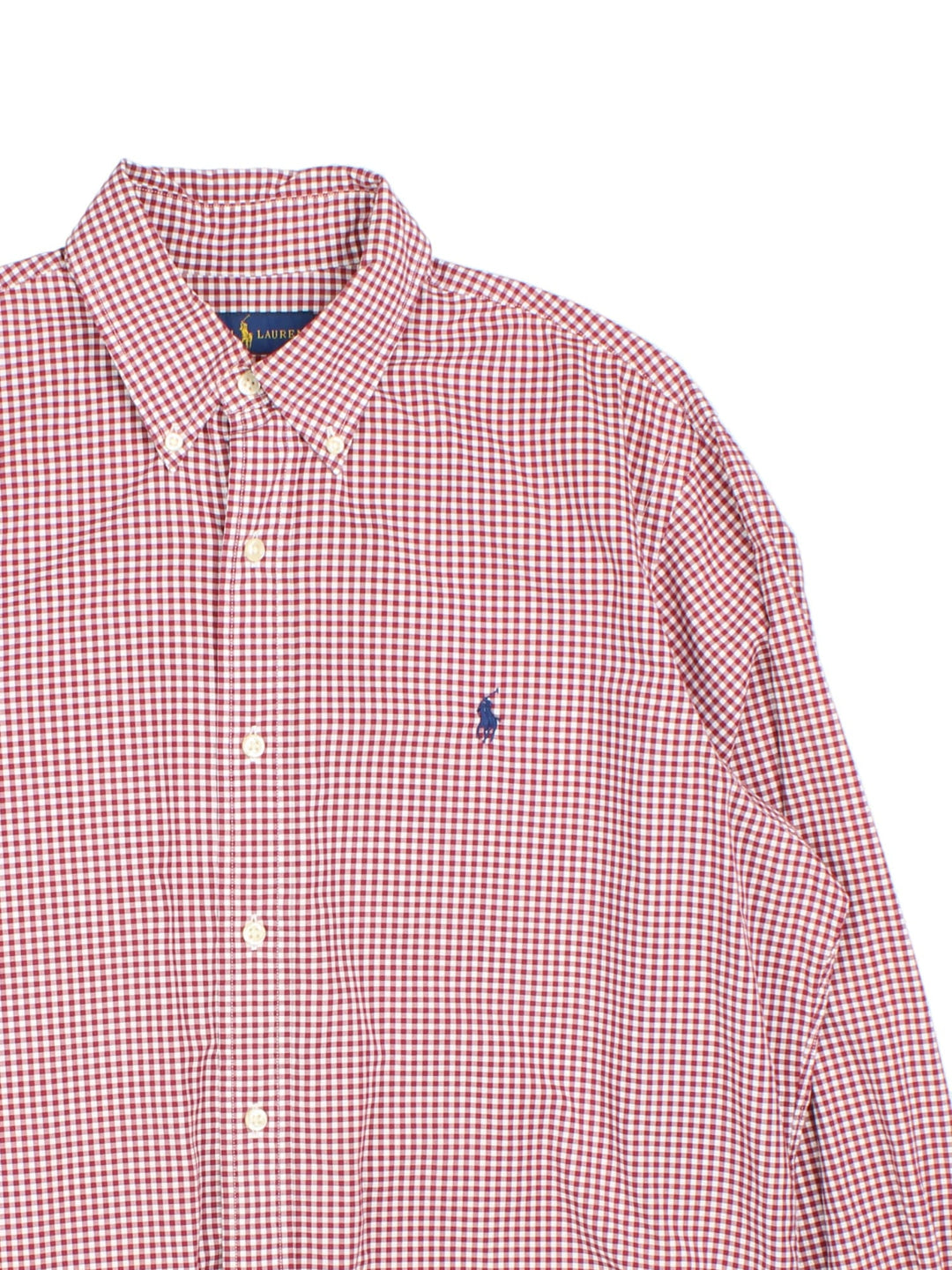 Ralph Lauren Shirt in a red and white checkered colourway, button up with the logo embroidered on the front.