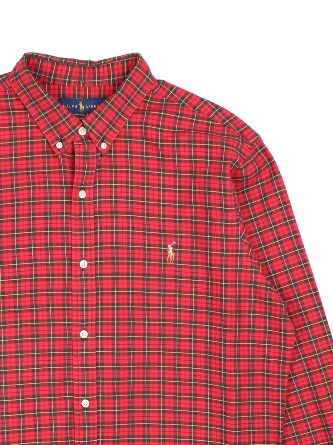 Ralph Lauren Shirt in a red, black and yellow checkered colourway, button up with the logo embroidered on the front.