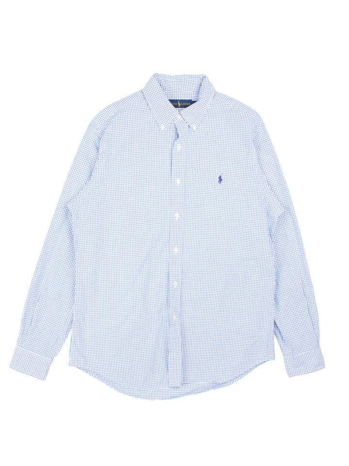 Ralph Lauren Shirt in a blue and white checkered colourway, button up with the logo embroidered on the front.