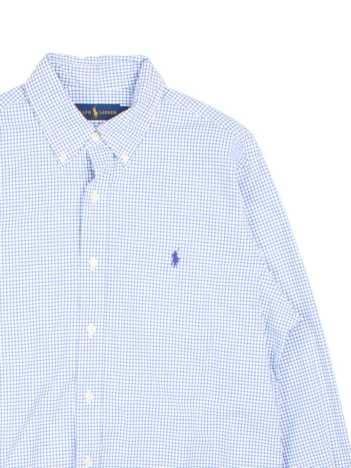 Ralph Lauren Shirt in a blue and white checkered colourway, button up with the logo embroidered on the front.