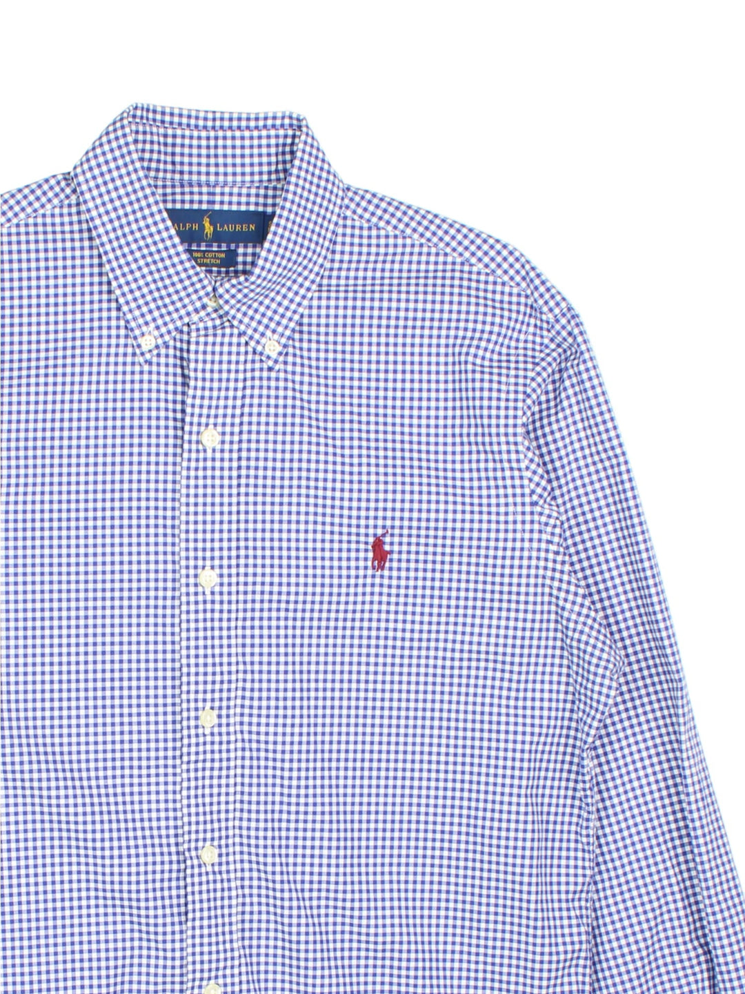 Ralph Lauren Shirt in a blue and white checkered colourway, button up with the logo embroidered on the front.