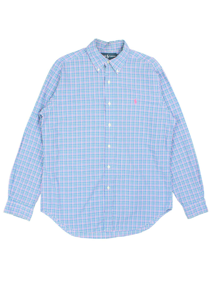 Ralph Lauren Shirt in a blue, pink, white and green checkered colourway, button up with the logo embroidered on the front.