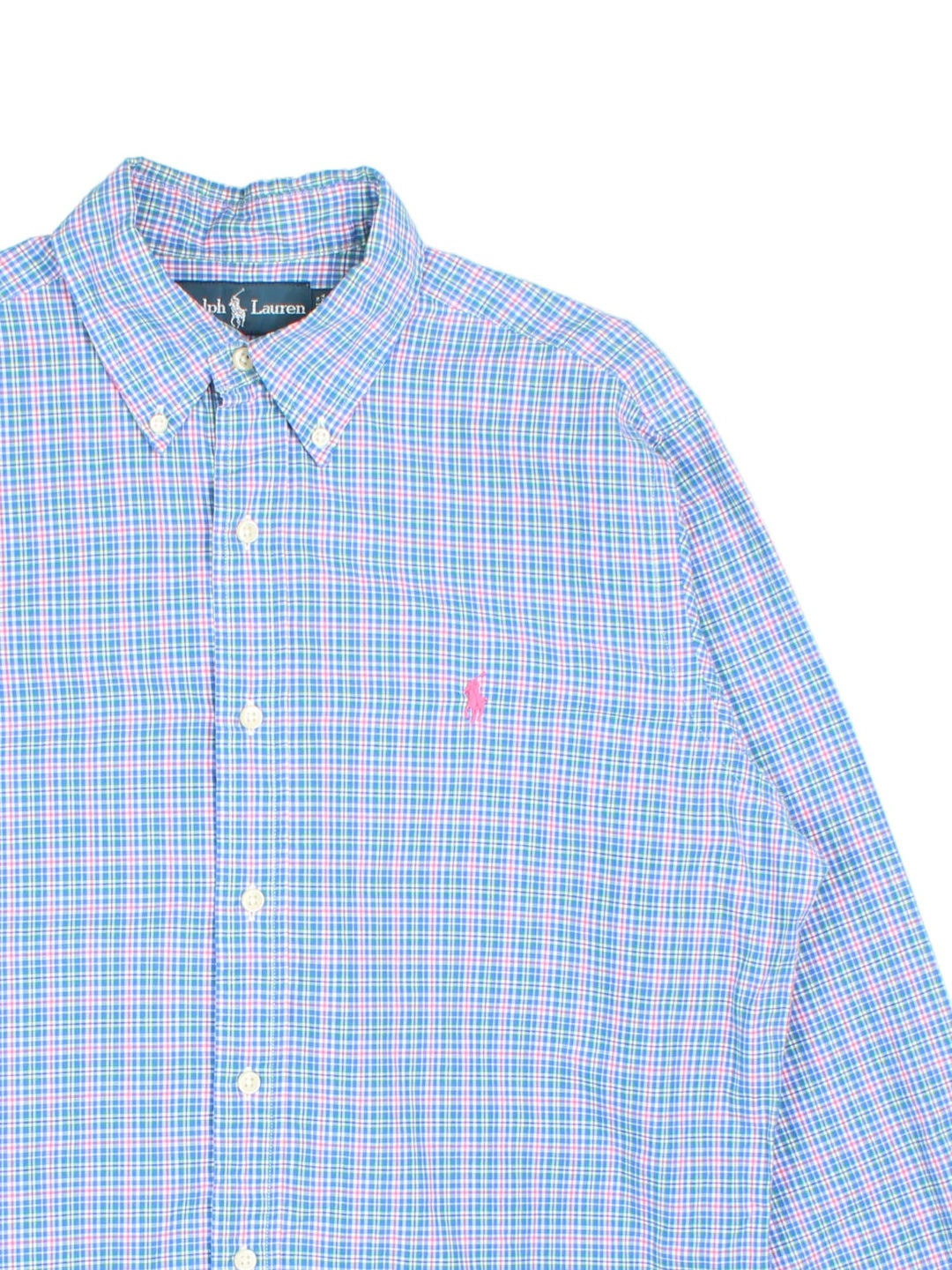 Ralph Lauren Shirt in a blue, pink, white and green checkered colourway, button up with the logo embroidered on the front.