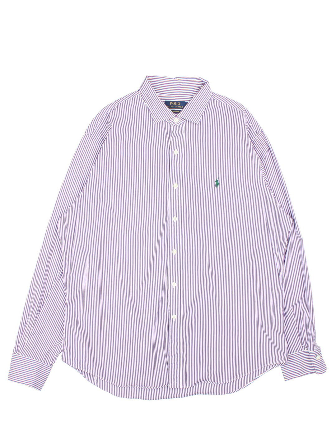 Ralph Lauren Shirt in a purple and white striped colourway, button up with the logo embroidered on the front.