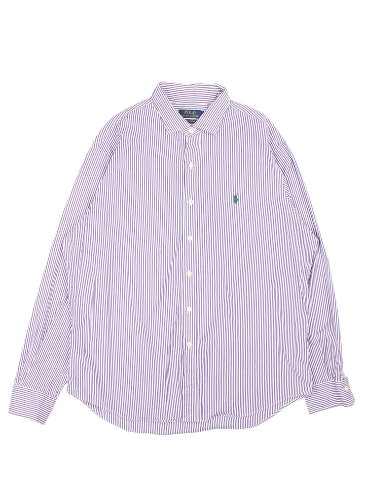 Ralph Lauren Shirt in a purple and white striped colourway, button up with the logo embroidered on the front.