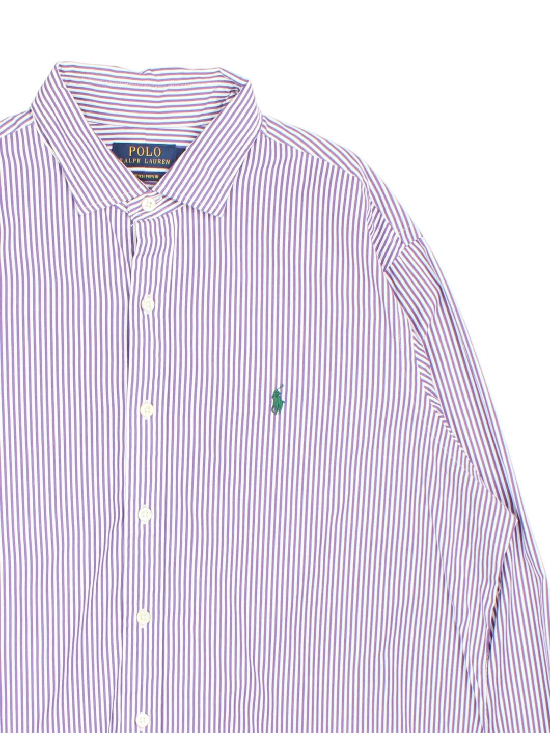 Ralph Lauren Shirt in a purple and white striped colourway, button up with the logo embroidered on the front.