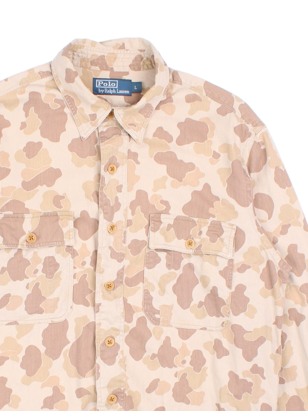 Ralph Lauren Shirt in a brown camo patterned colourway, button up with the logo embroidered on the front, and has double chest pockets.