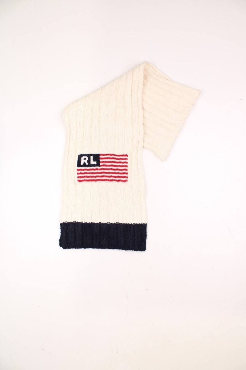 Polo Jeans Co. Ralph Lauren cream and navy cable knit scarf, features USA flag motif 