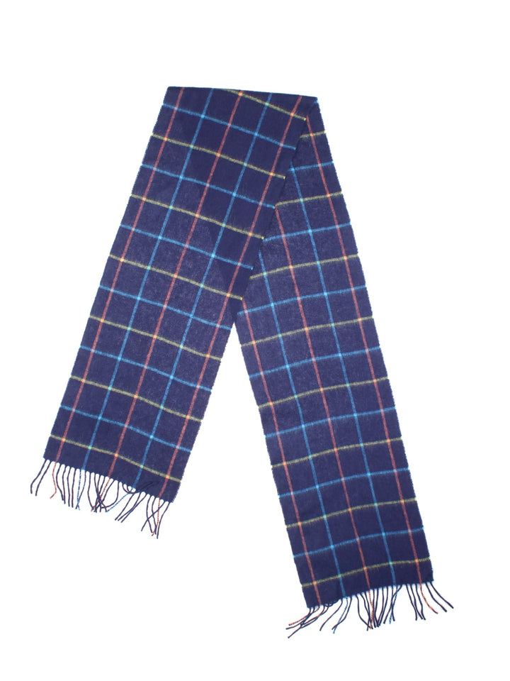 Barbour Tattersall Lambswool Scarf in a blue checkered colourway with the logo embroidered on.