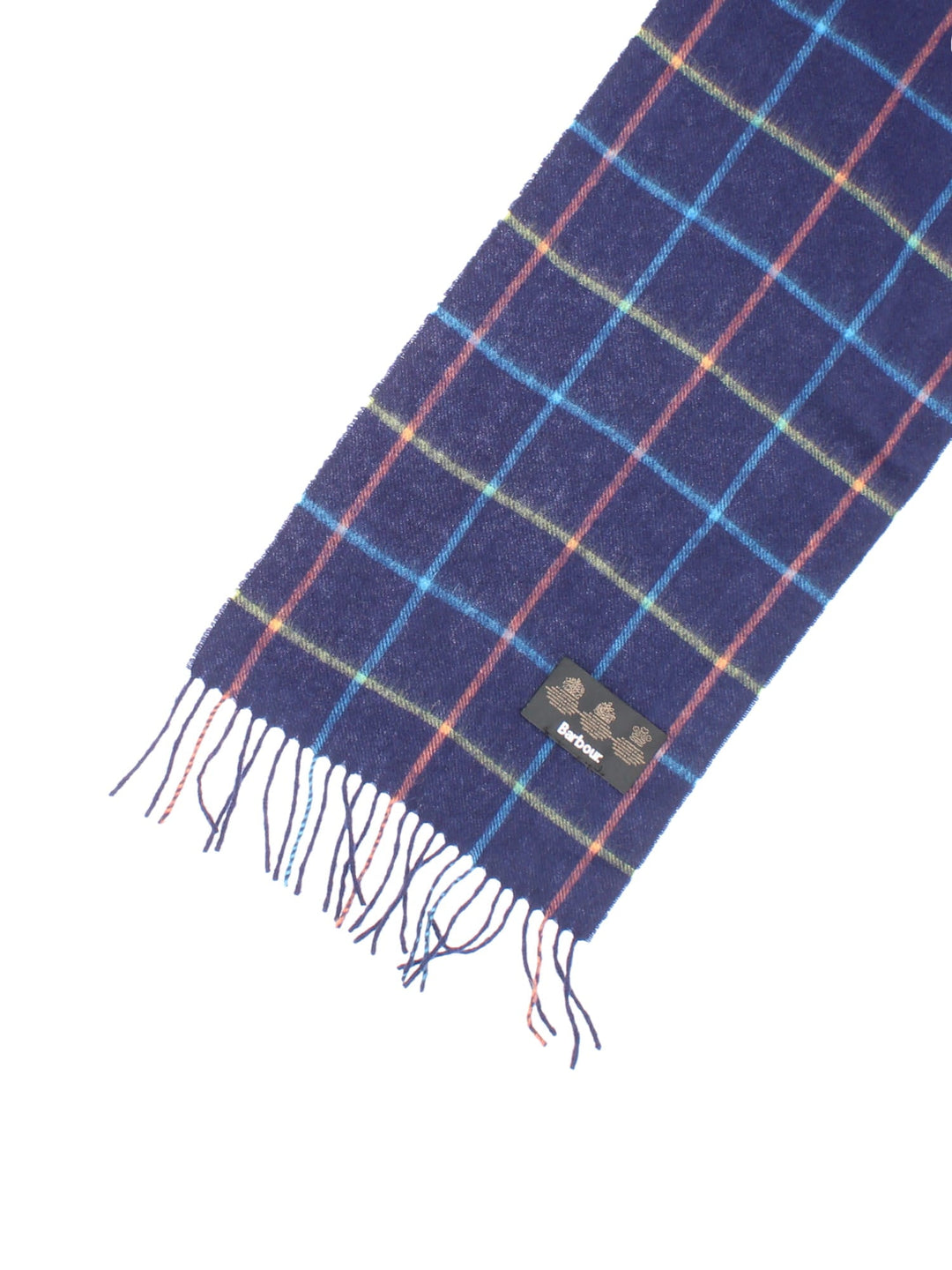 Barbour Tattersall Lambswool Scarf in a blue checkered colourway with the logo embroidered on.