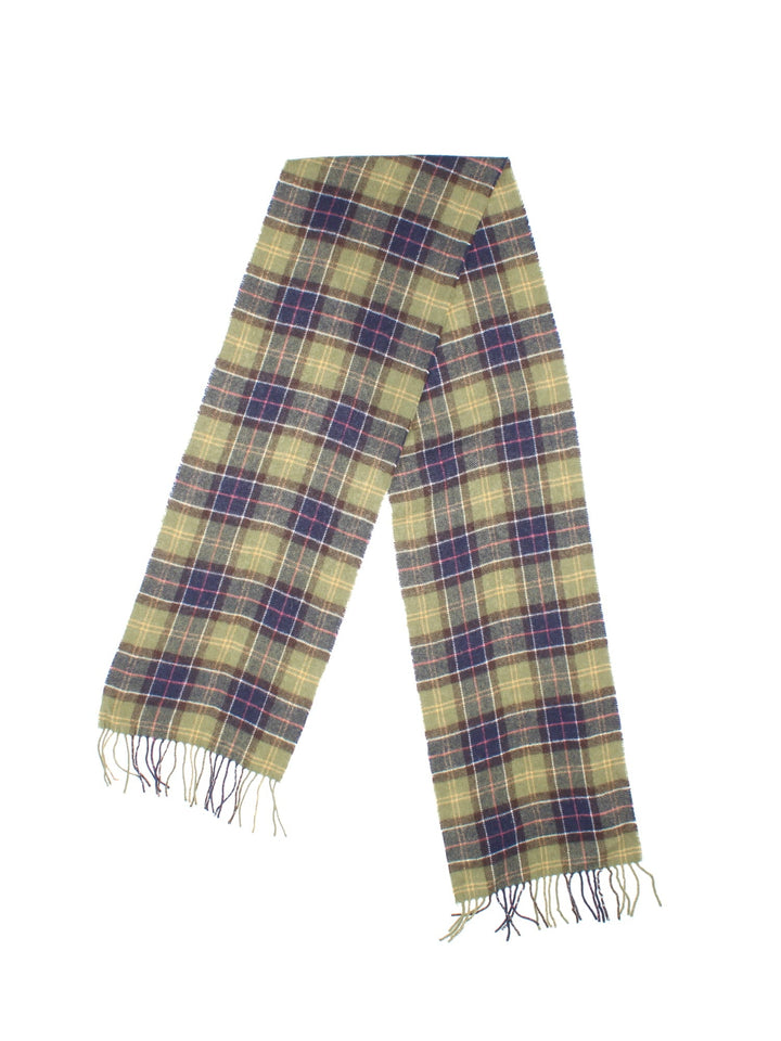 Barbour Tartan Lambswool Scarf in a green, brown and blue checkered colourway with the logo embroidered on.