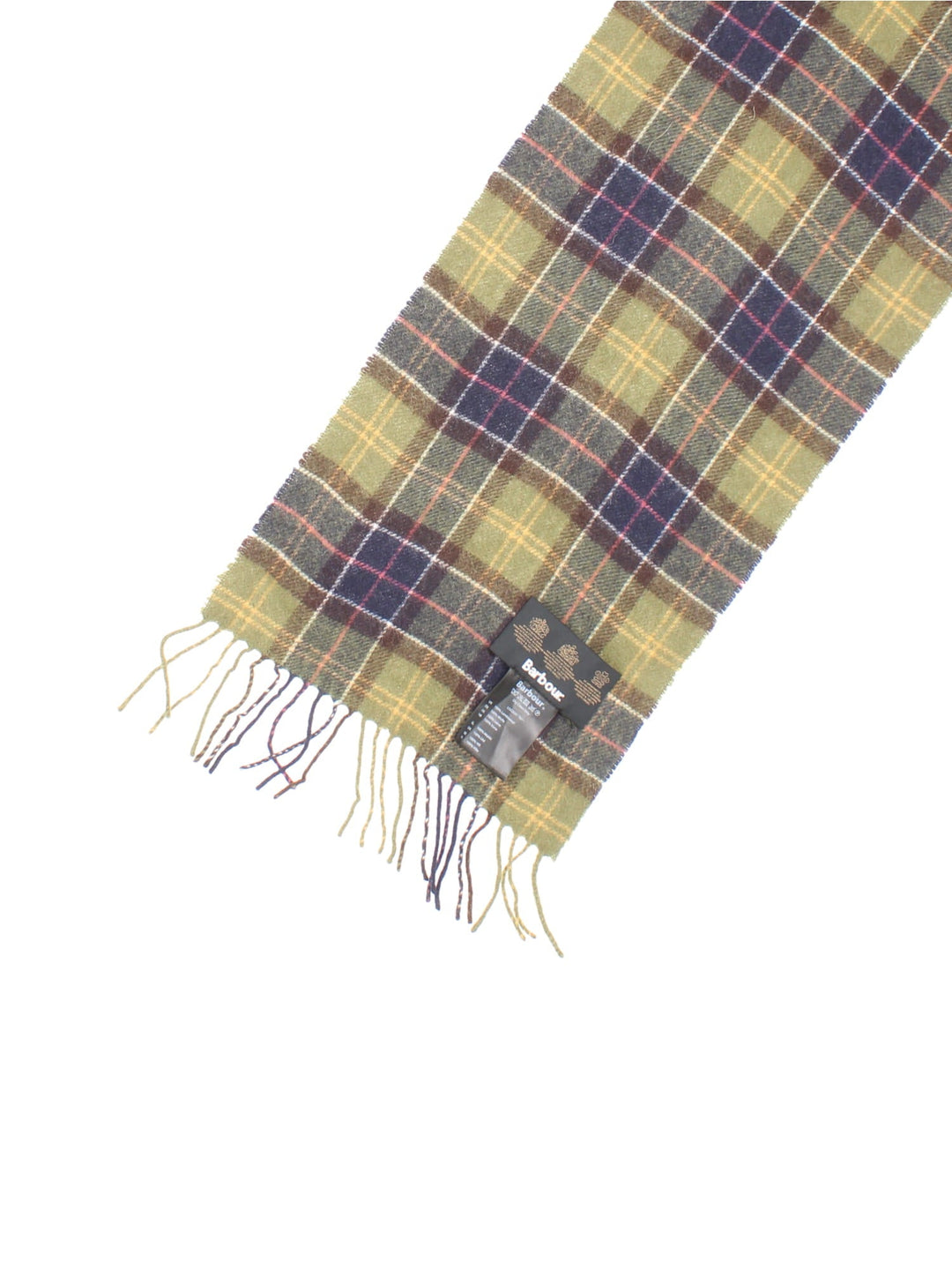 Barbour Tartan Lambswool Scarf in a green, brown and blue checkered colourway with the logo embroidered on.