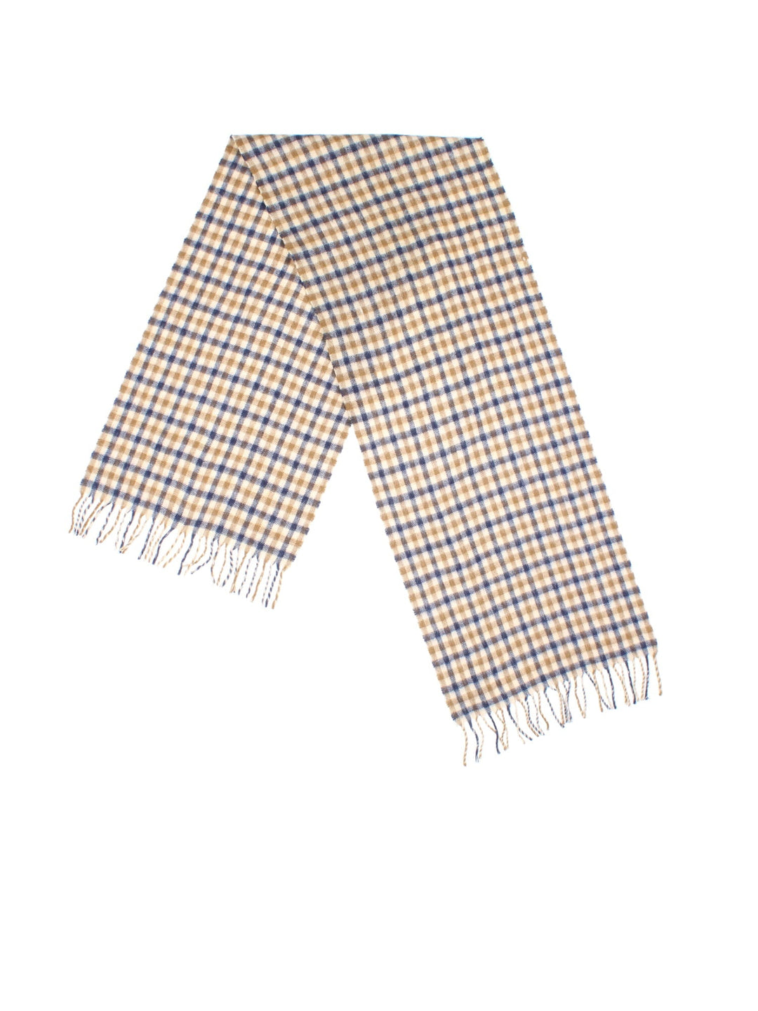 Aquascutum Check Woolen in a brown, tan and blue colourway with the logo embroidered on.