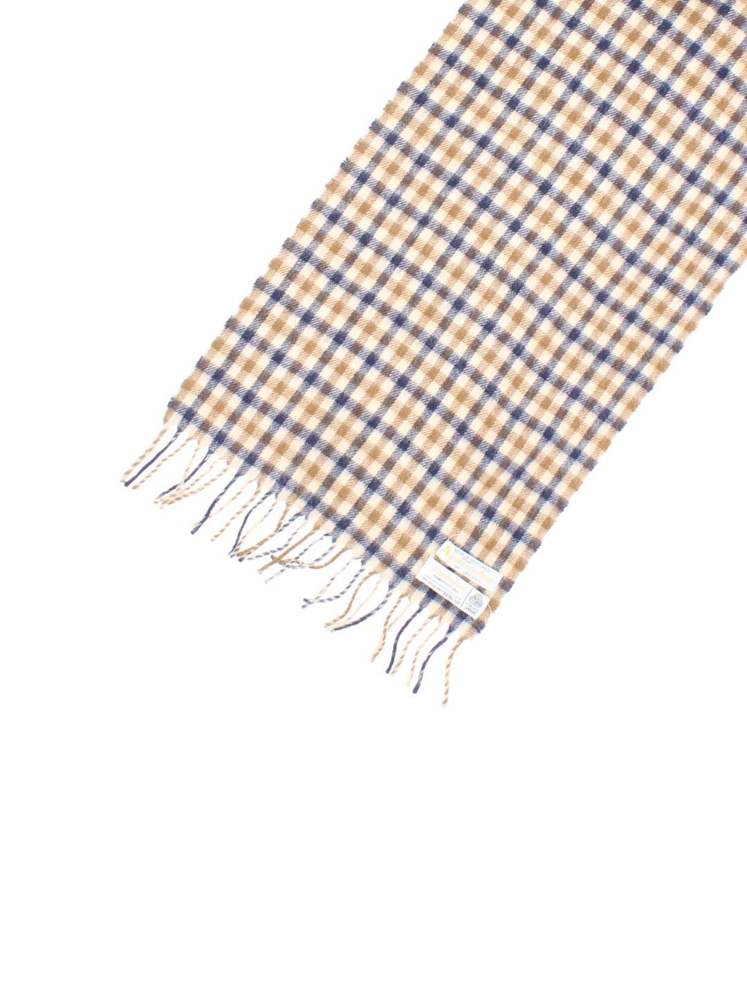 Aquascutum Check Woolen in a brown, tan and blue colourway with the logo embroidered on.