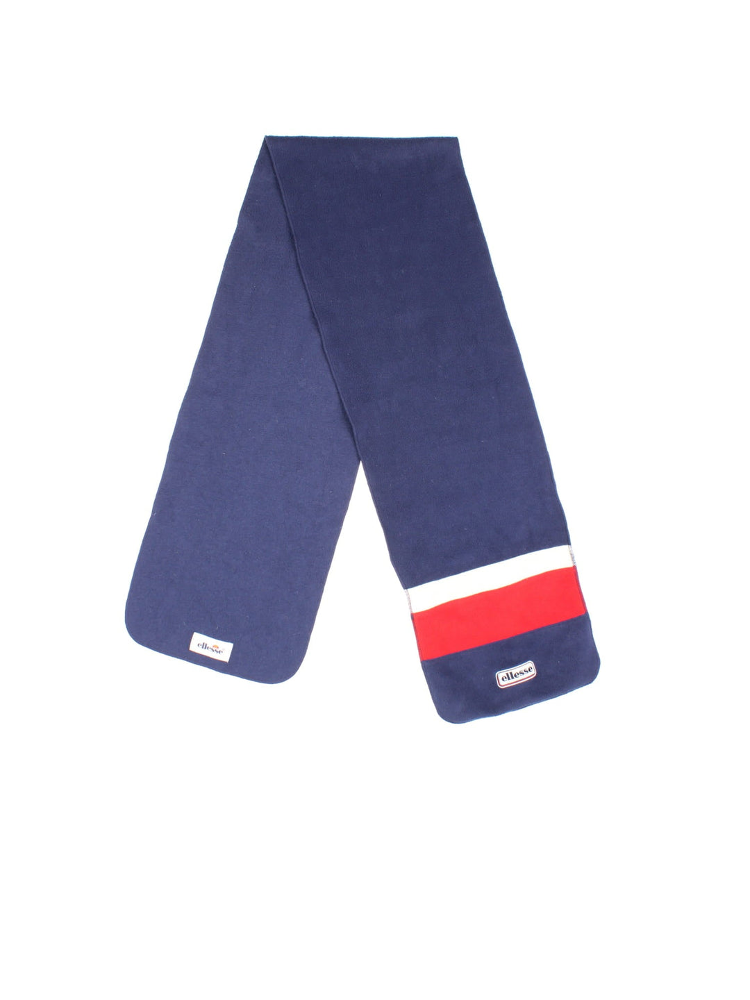 Vintage Ellesse Scarf in a blue colourway with a white and red stripe near to the logo embroidered on.