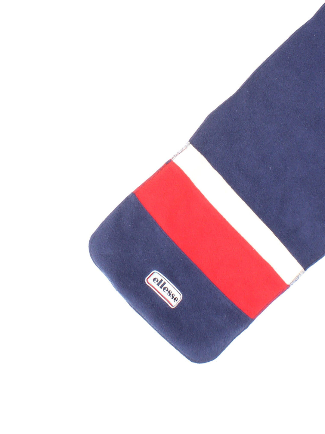 Vintage Ellesse Scarf in a blue colourway with a white and red stripe near to the logo embroidered on.