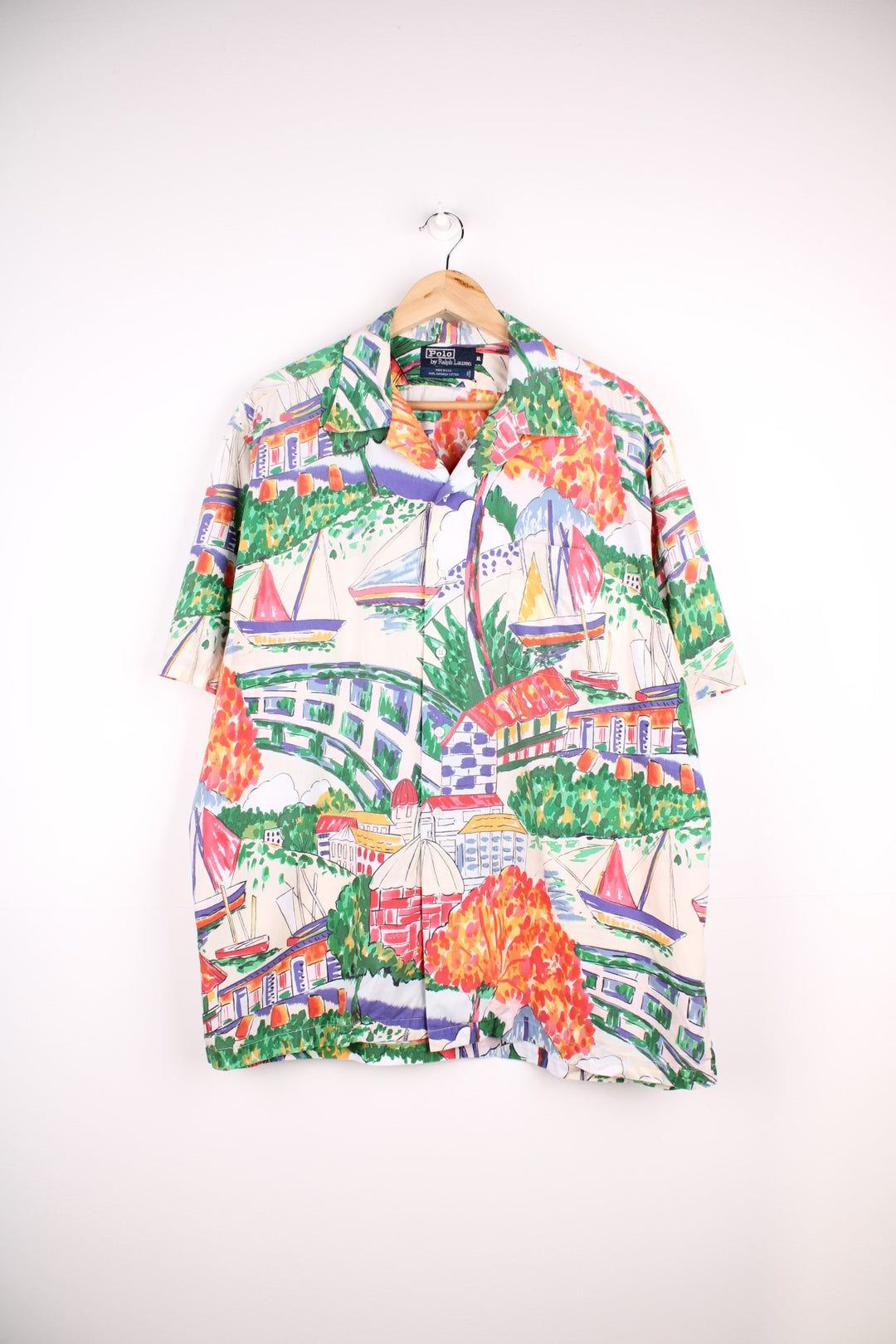 Ralph Lauren Sailing Shirt in a multicoloured colourway with sail boats painting printed all over, Hawaiian shirt style, buttons up and has a chest pocket.