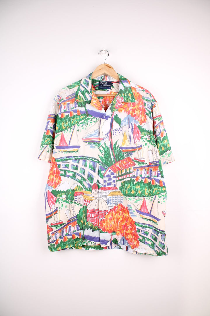 Ralph Lauren Sailing Shirt in a multicoloured colourway with sail boats painting printed all over, Hawaiian shirt style, buttons up and has a chest pocket.