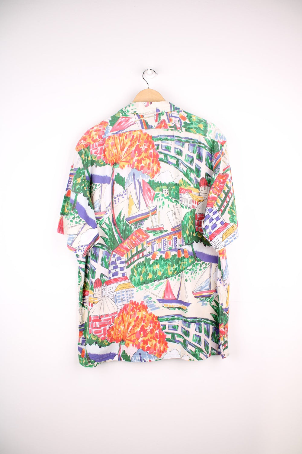 Ralph Lauren Sailing Shirt in a multicoloured colourway with sail boats painting printed all over, Hawaiian shirt style, buttons up and has a chest pocket.