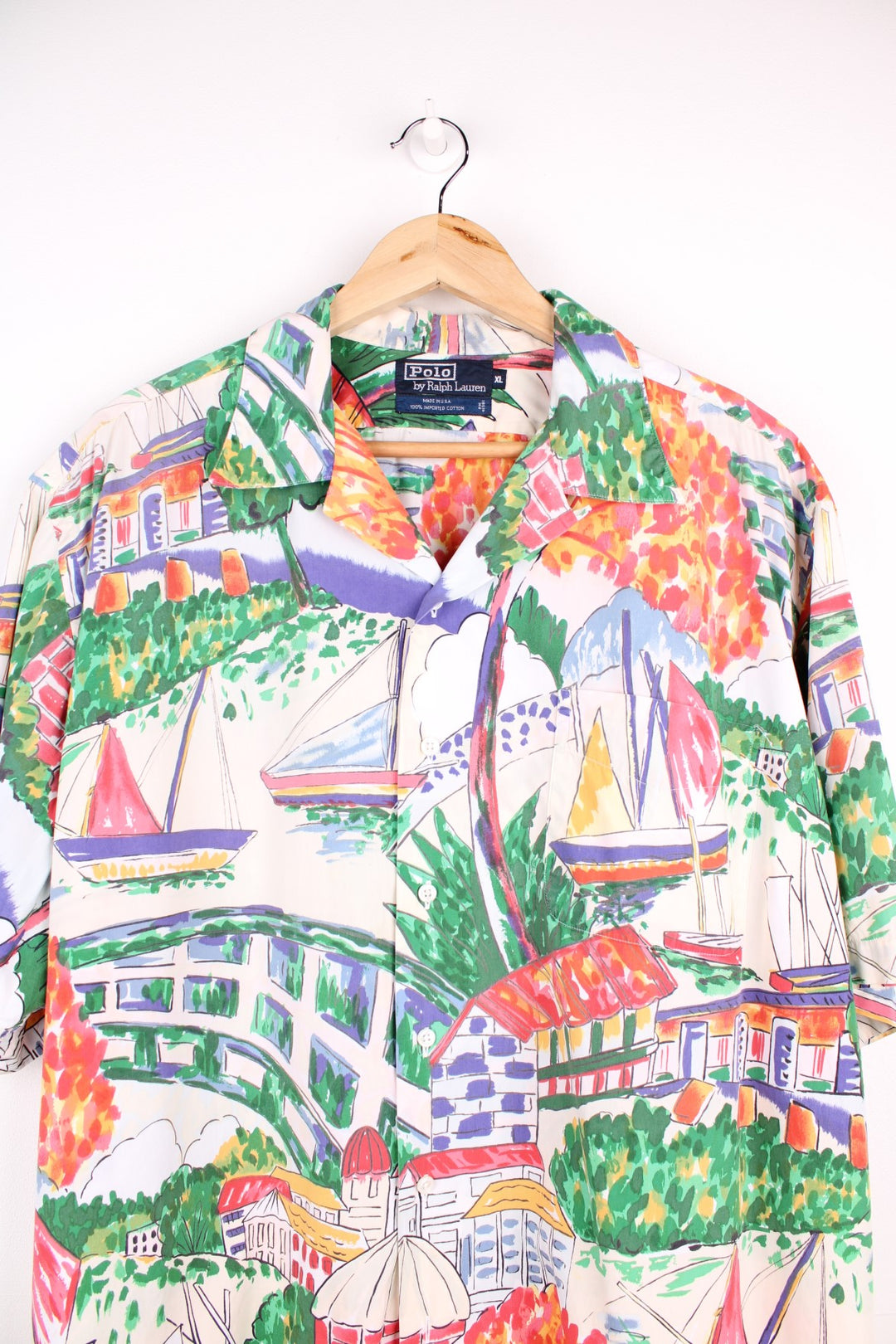 Ralph Lauren Sailing Shirt in a multicoloured colourway with sail boats painting printed all over, Hawaiian shirt style, buttons up and has a chest pocket.