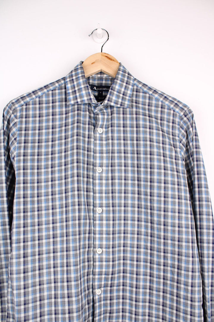 Aquascutum shirt in blue and grey check with button closure.