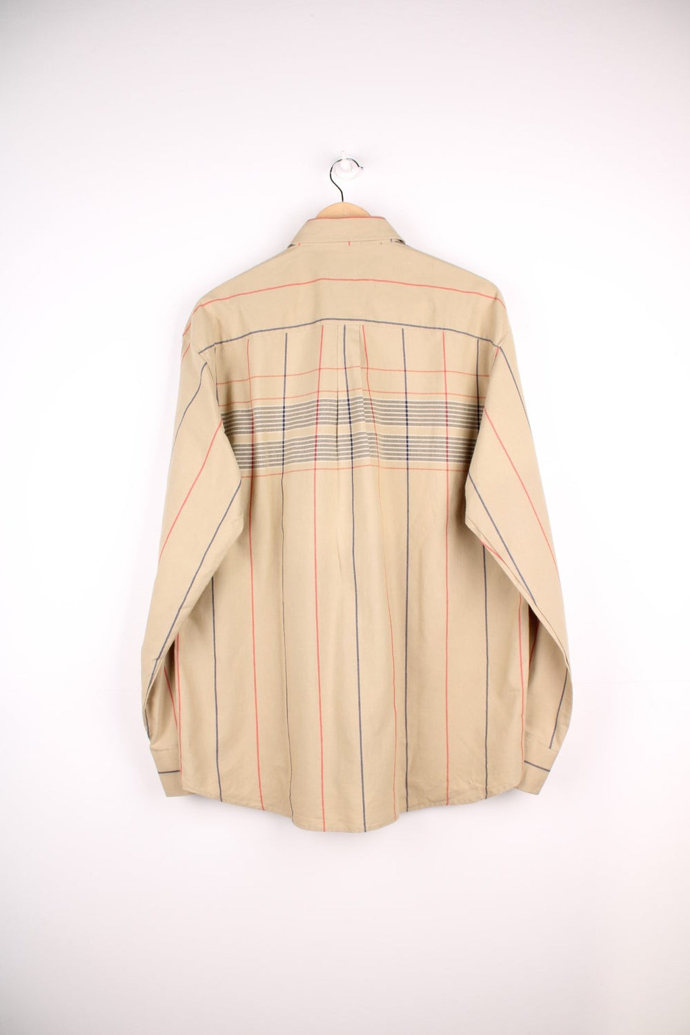 Vintage Hugo Boss shirt in tan with grey and red check design, button closure, one chest pocket and a small embroidered logo.