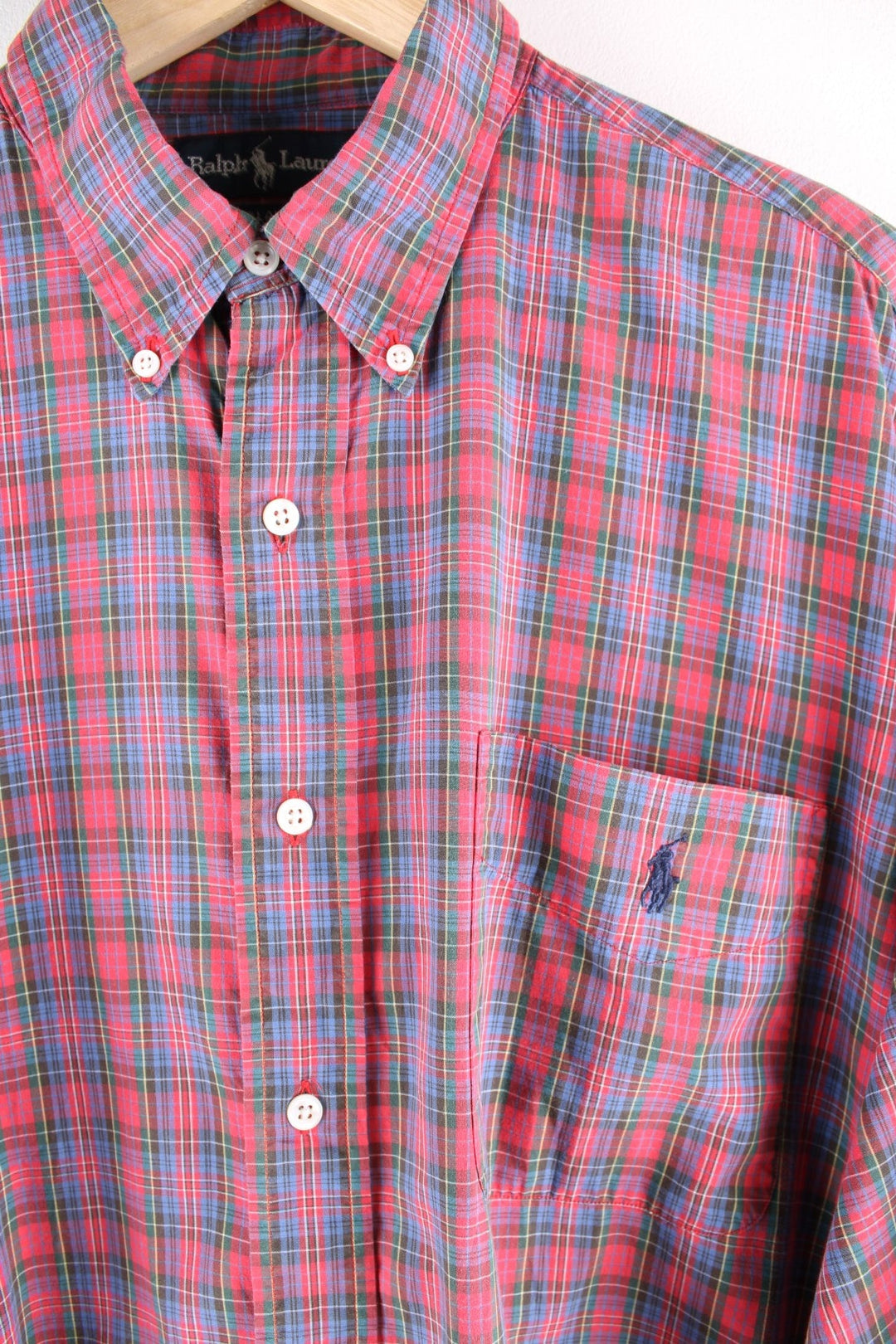 Ralph Lauren button-down shirt in red, blue and green check, with one breast pocket and an embroidered Polo logo in navy blue.