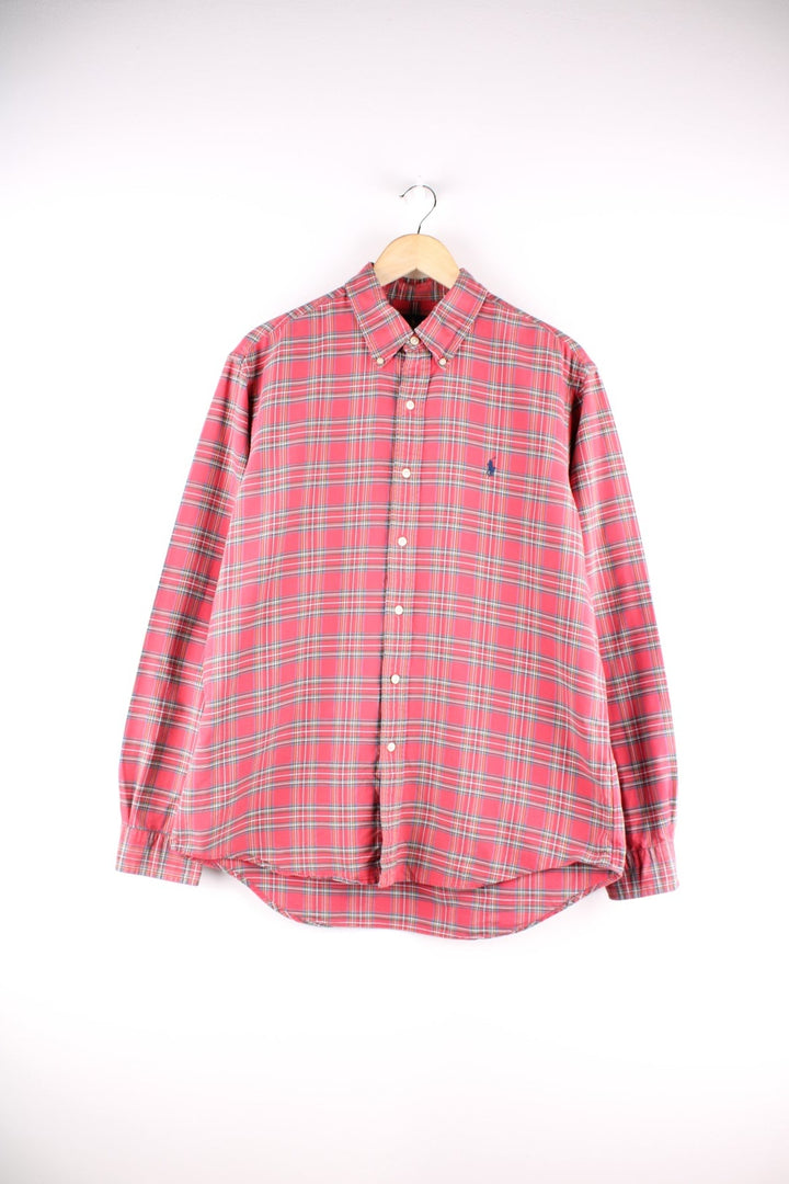 Ralph Lauren button-down shirt in red, white, and green check, with an embroidered Polo logo in navy blue.