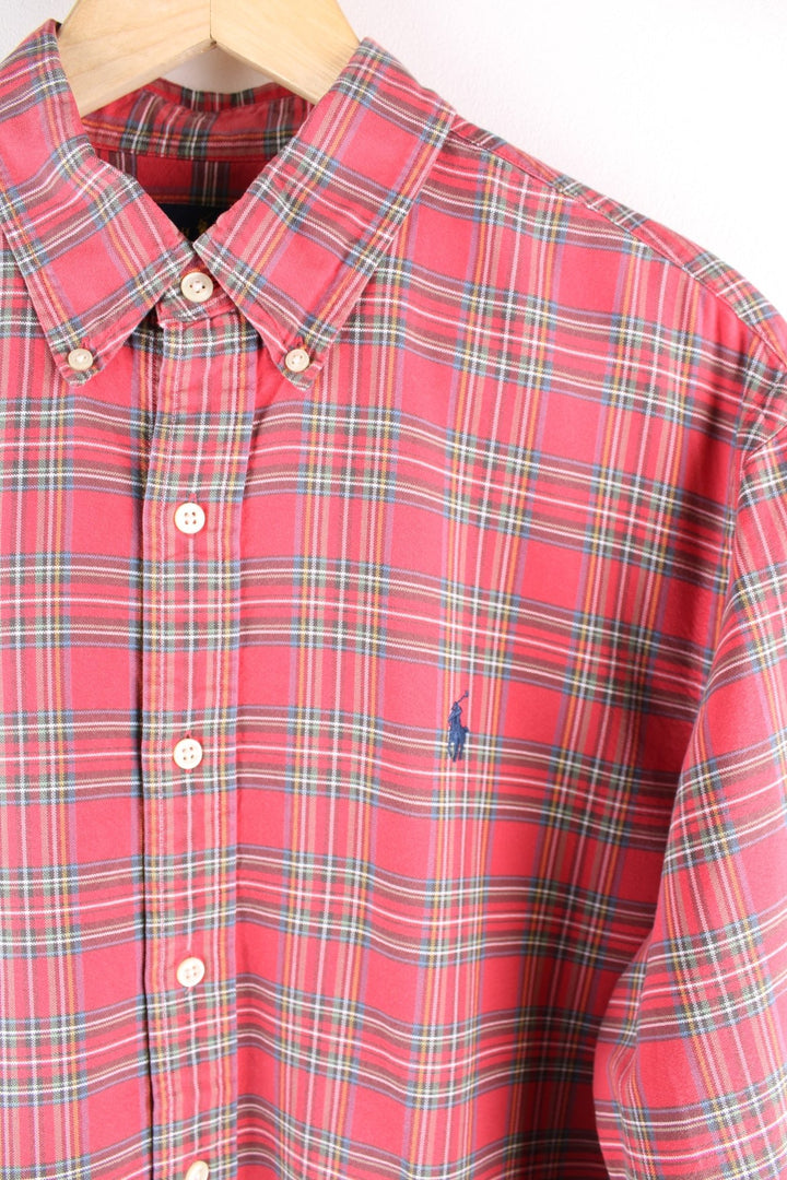 Ralph Lauren button-down shirt in red, white, and green check, with an embroidered Polo logo in navy blue.