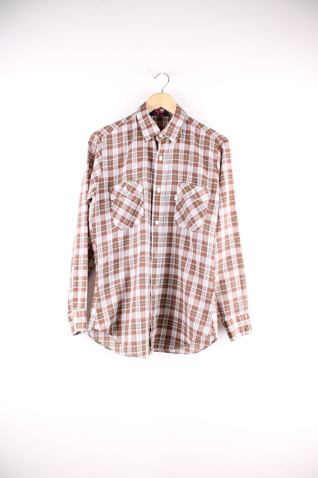 Levi Strauss white tab shirt in brown, white, and blue check, with two buttoned pockets.