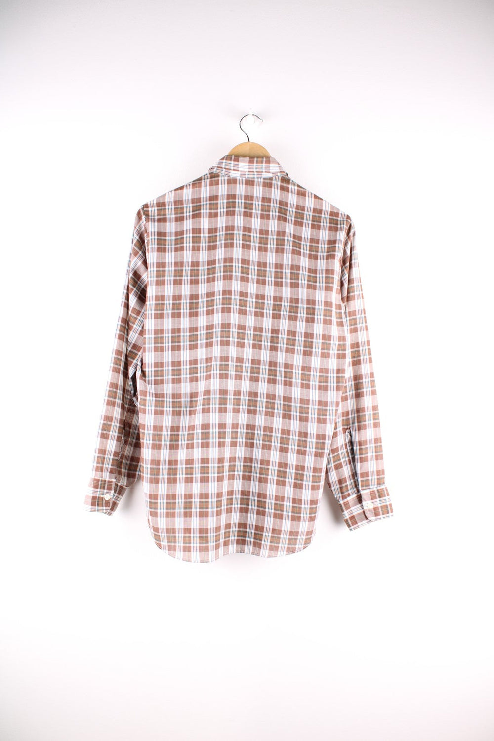 Levi Strauss white tab shirt in brown, white, and blue check, with two buttoned pockets.