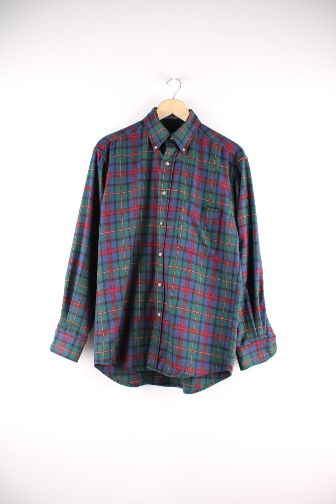 Pendleton 100% virgin wool button-down shirt in blue, green and red check, with one breast pocket.