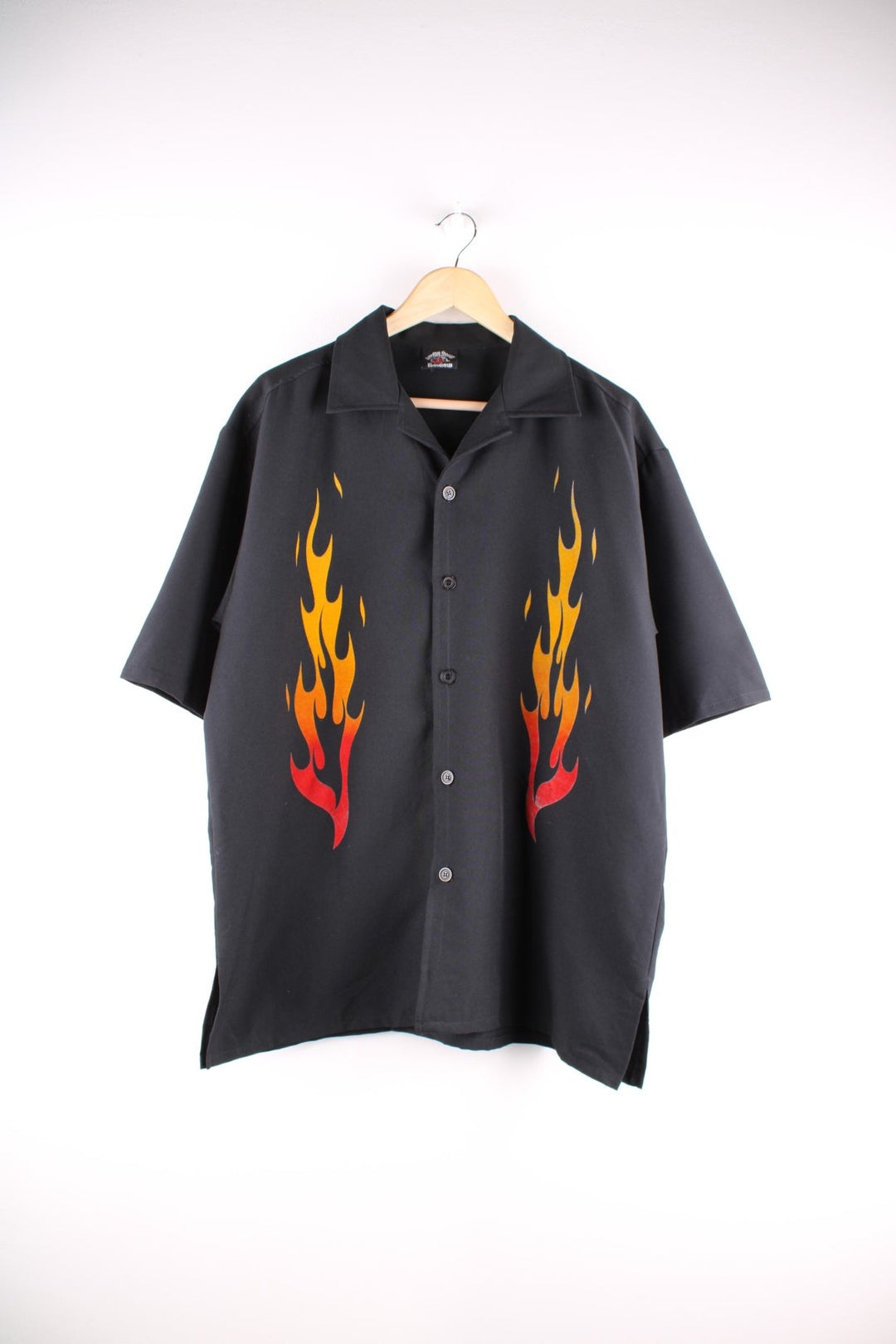 Y2K After Hours by WD Sportswear short-sleeved bowling shirt in black with orange flame design on the front.