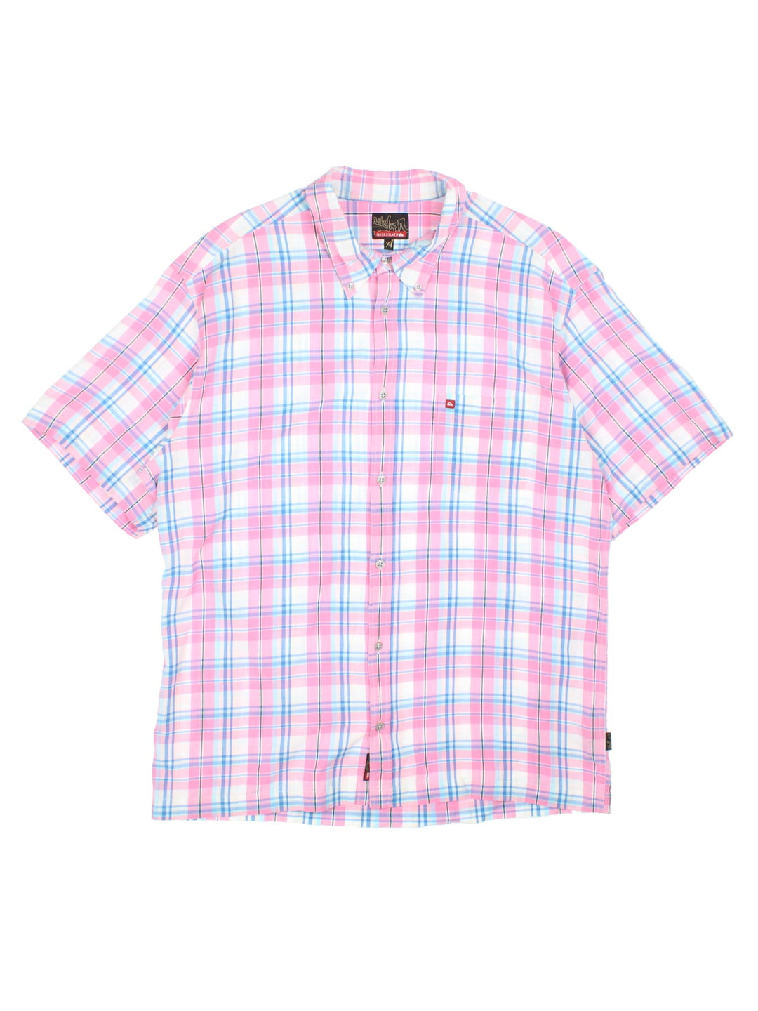 Quiksilver check shirt in a pink white and blue colourway, The shirt has a patch pocket and small quicksilver logo stitched on. 