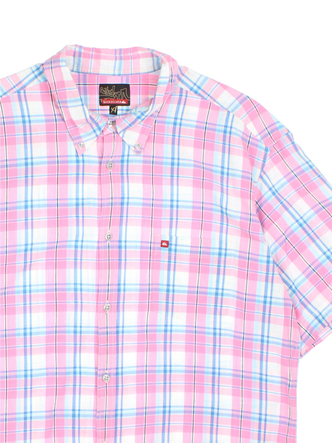 Quiksilver check shirt in a pink white and blue colourway, The shirt has a patch pocket and small quicksilver logo stitched on. 