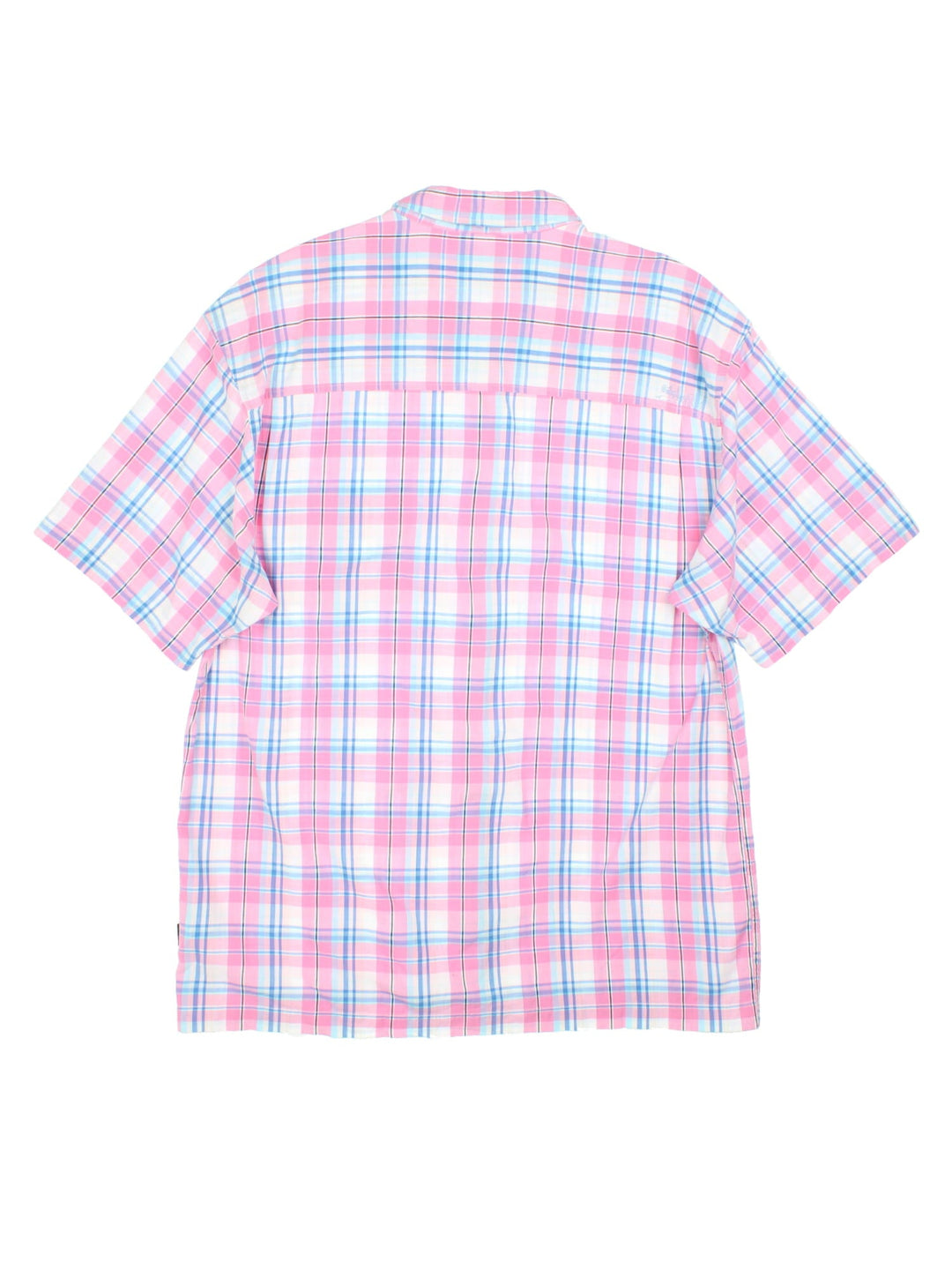 Quiksilver check shirt in a pink white and blue colourway, The shirt has a patch pocket and small quicksilver logo stitched on. 