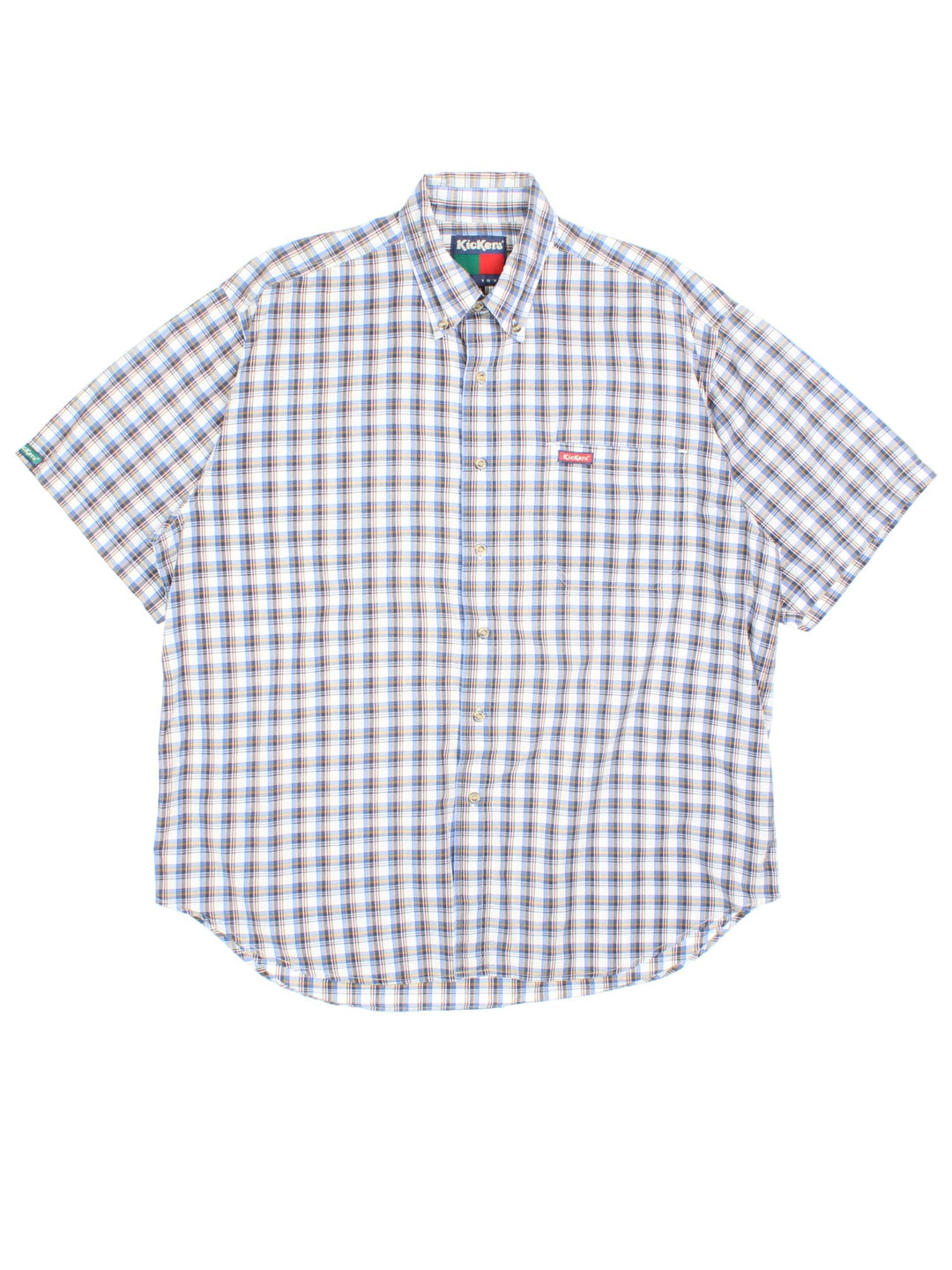 1990s Kickers check shirt in a blue, white and yellow colourway, button up with a patch pocket - the logo is stitched on the front. 