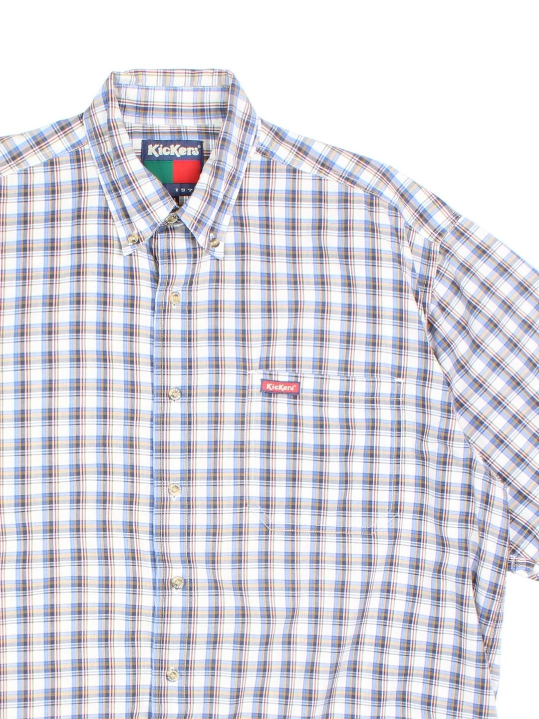 1990s Kickers check shirt in a blue, white and yellow colourway, button up with a patch pocket - the logo is stitched on the front. 