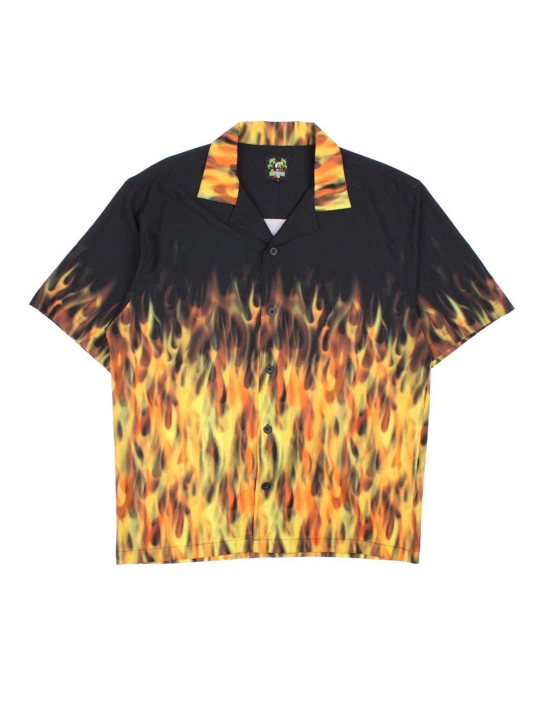 Vintage flame graphic shirt in a black and yellow/orange colourway. The shirt has an open collar and buttons to close. 