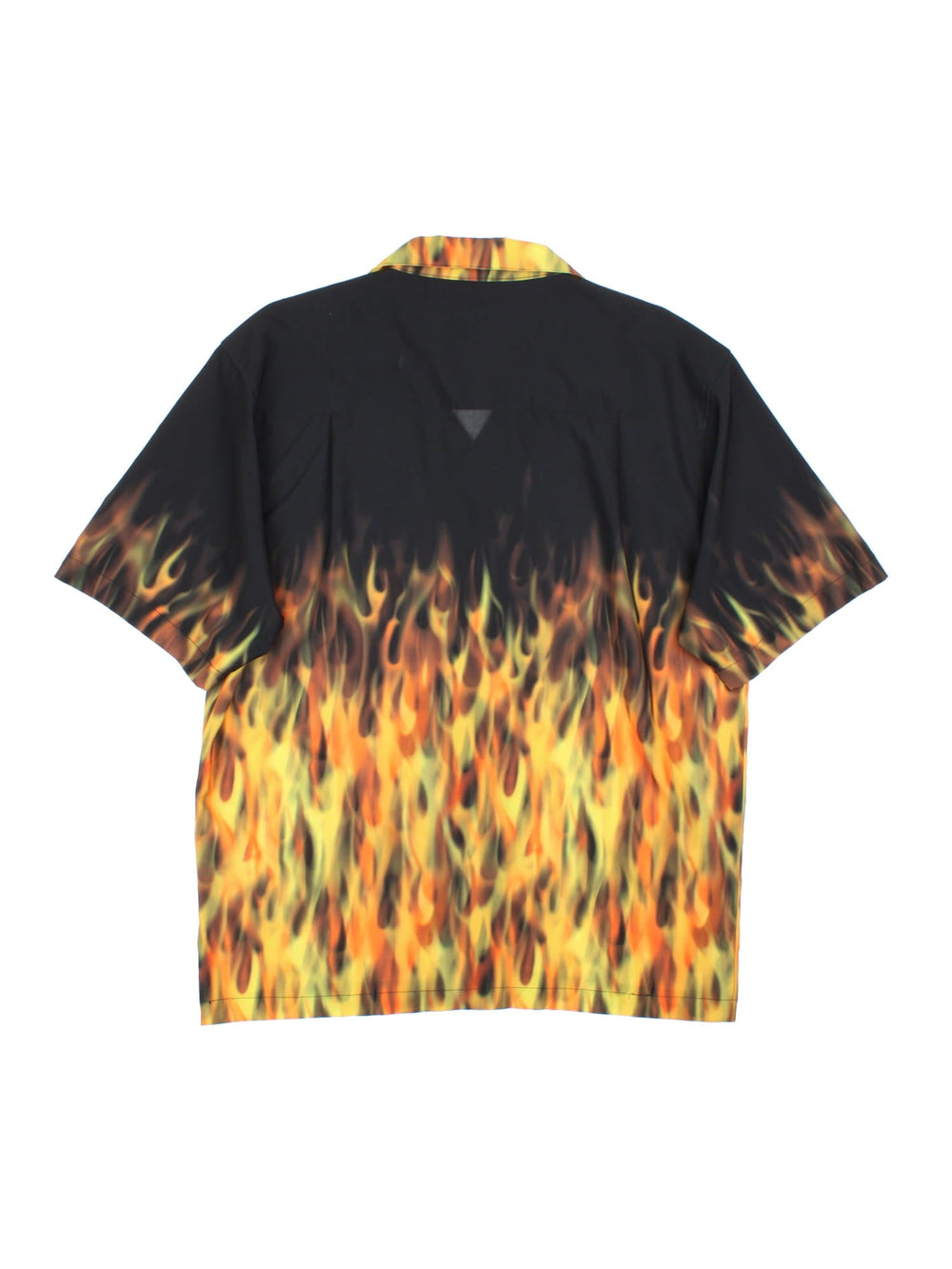 Vintage flame graphic shirt in a black and yellow/orange colourway. The shirt has an open collar and buttons to close. 