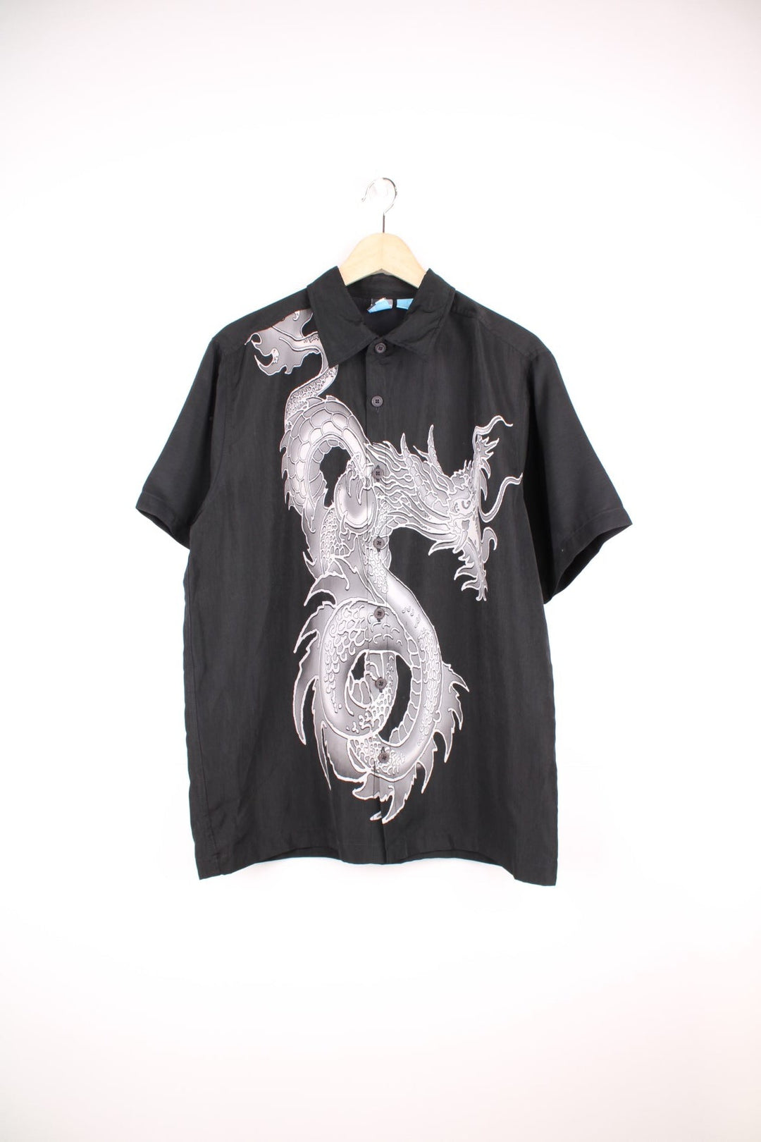 Dragon Print Y2K Shirt in a black and grey colourway, button up shirt with a big dragon printed on the front.