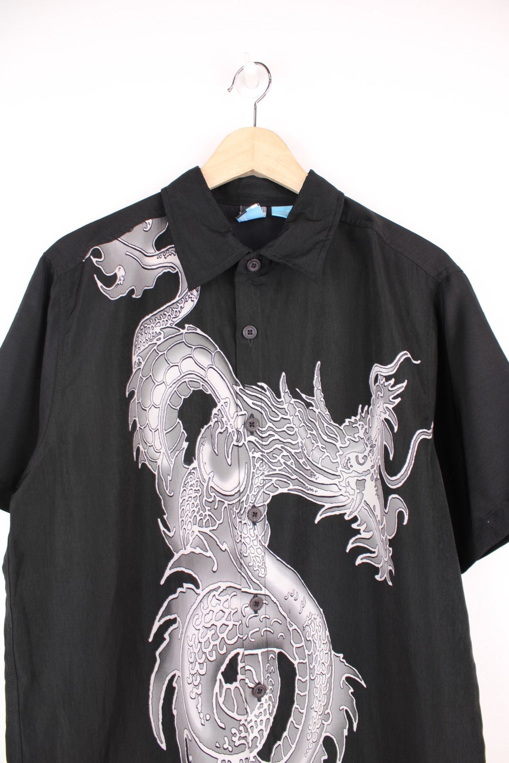 Dragon Print Y2K Shirt in a black and grey colourway, button up shirt with a big dragon printed on the front.