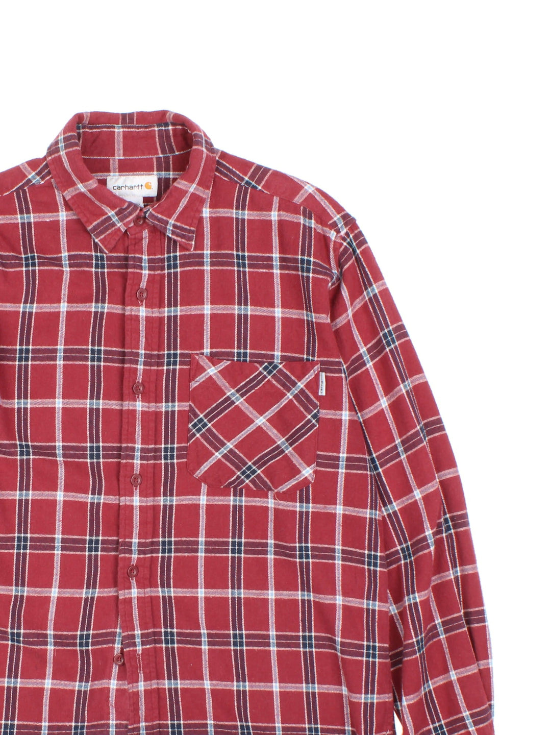 Carhartt Flannel Shirt in a red and black plaid colourway, button up and has a chest pocket with the logo embroidered on the front.