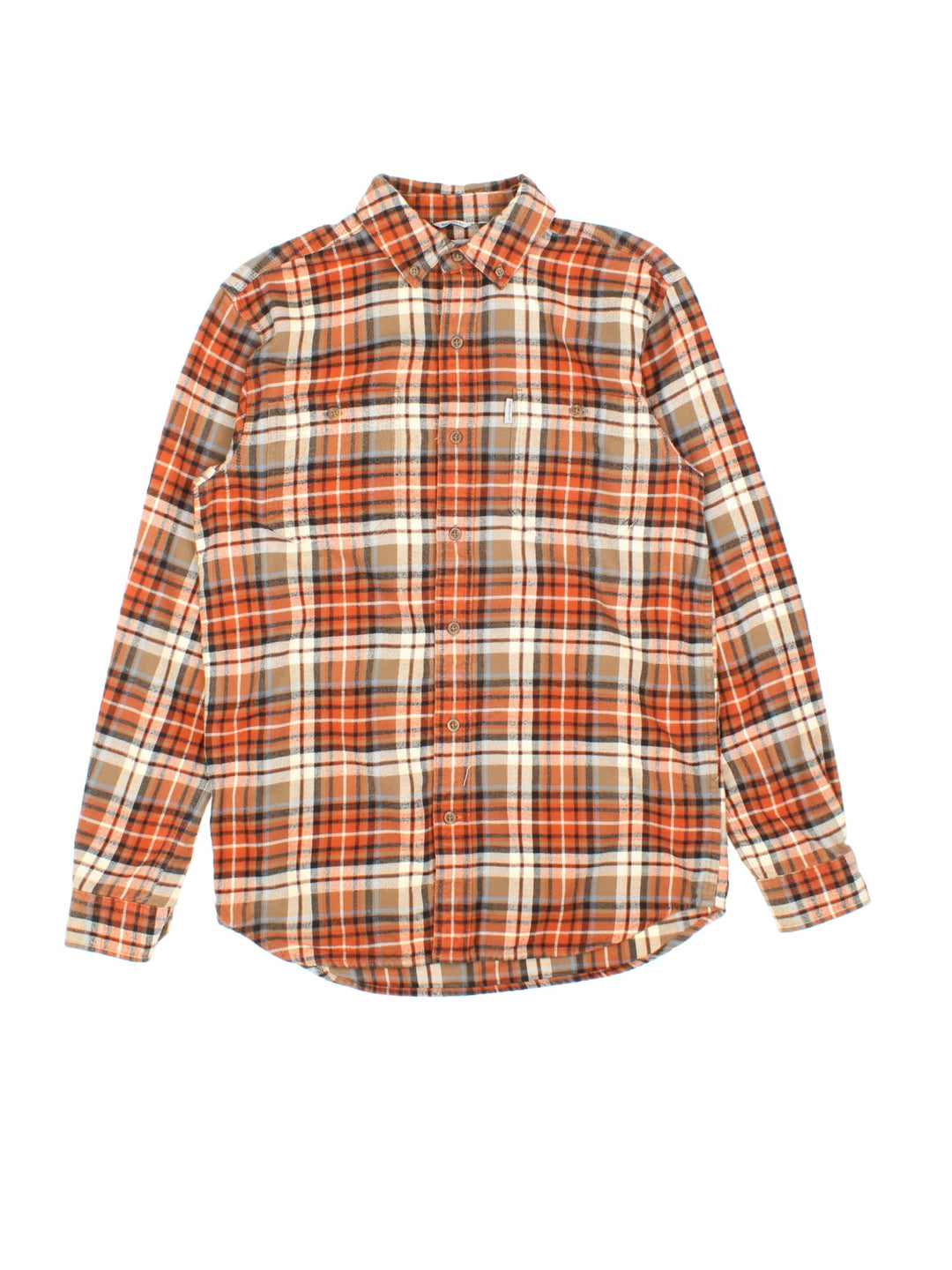 Carhartt Flannel Shirt in a orange, brown and white colourway, button up and has double chest pockets with the logo embroidered on the front.