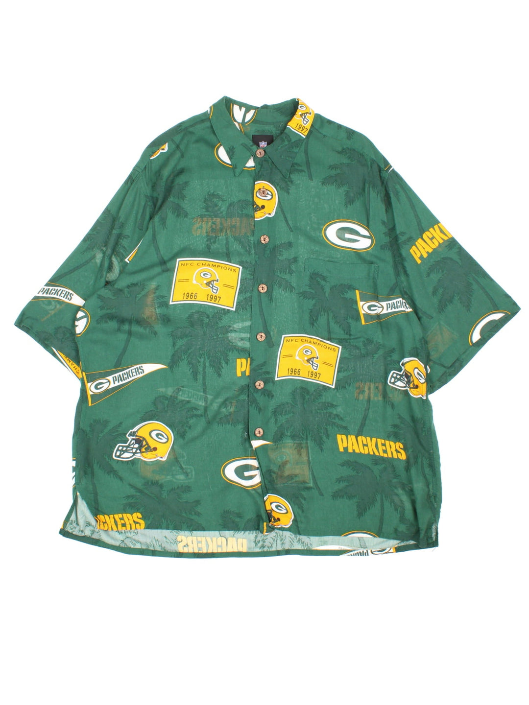 Green Bay Packers NFL Hawaiian Shirt in a green colourway, button up and has a chest pocket, and the team logo printed all over along with palm tree graphics.