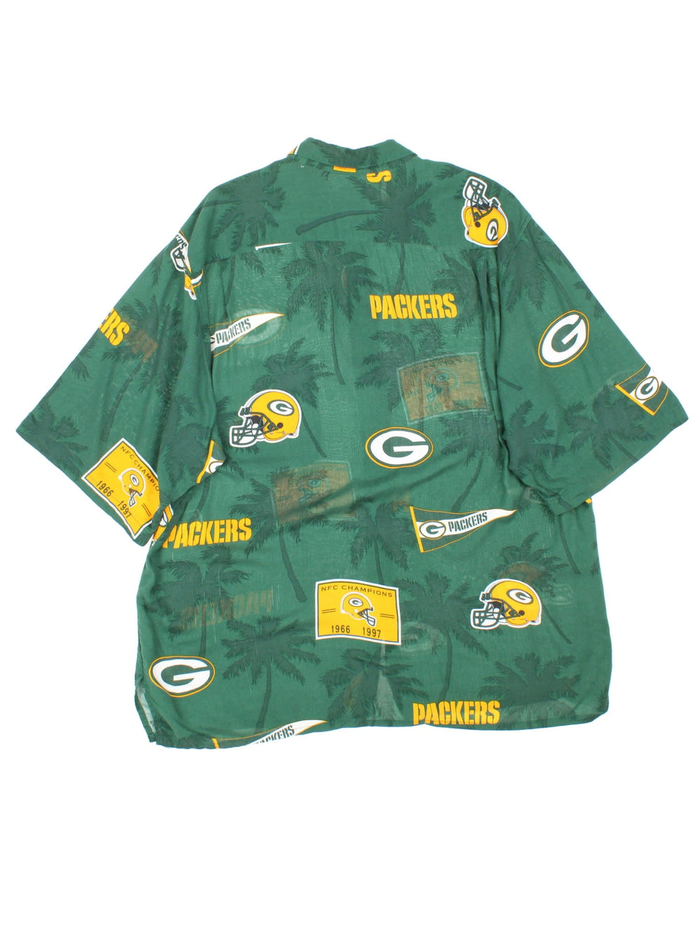 Green Bay Packers NFL Hawaiian Shirt in a green colourway, button up and has a chest pocket, and the team logo printed all over along with palm tree graphics.