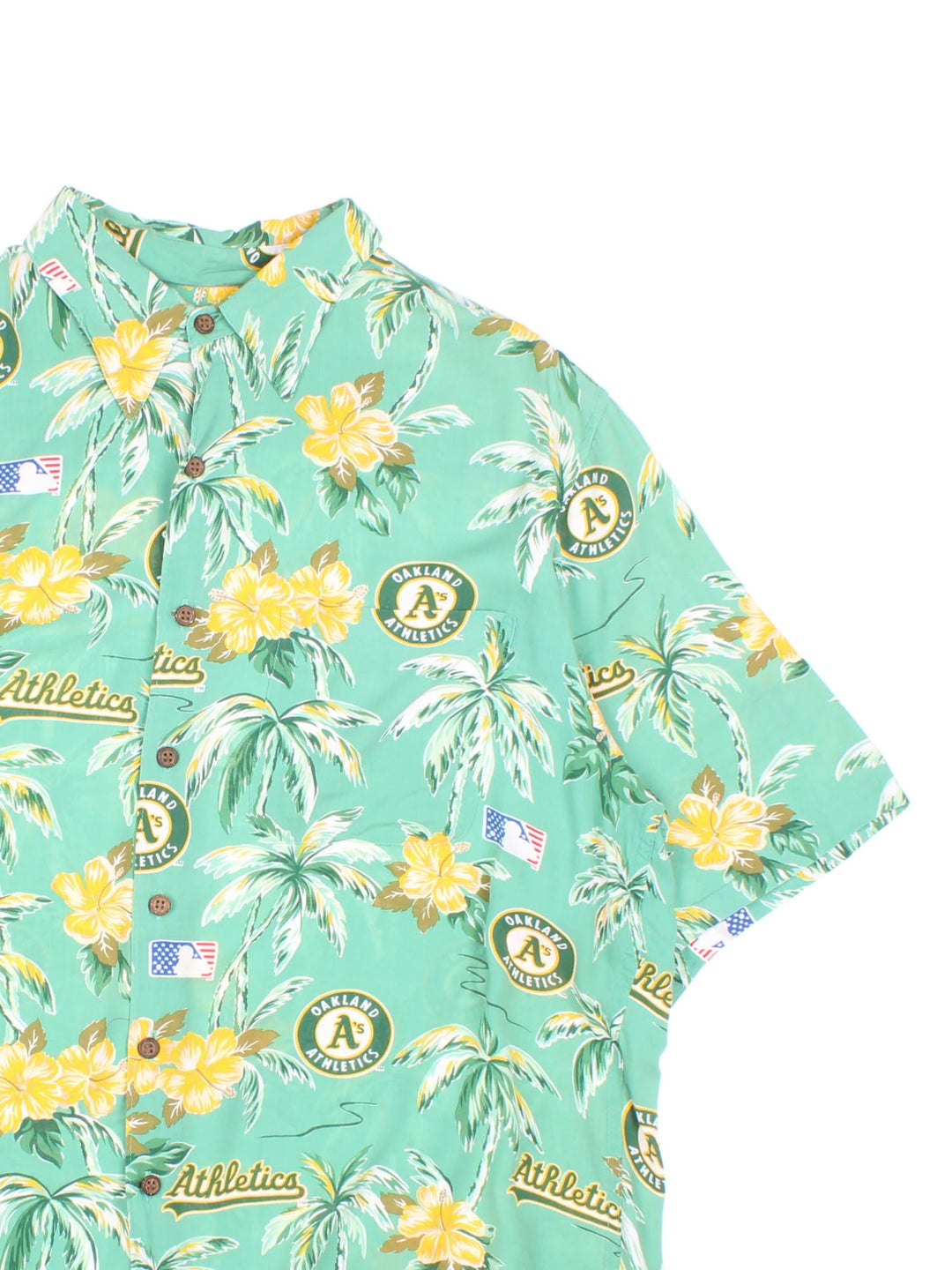 Oakland Athletics MLB Hawaiian Shirt in a green colourway, button up with a chest pocket, and has the logo and palm tree graphic printed all over.