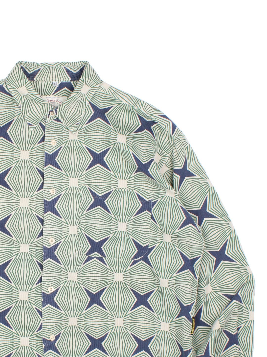 Vintage Armani Jeans Patterned Shirt in a green and blue colourway, button up and has a chest pocket.