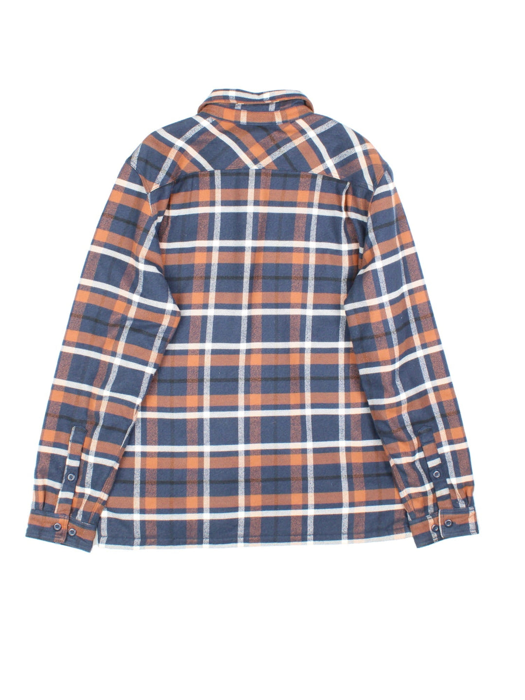 Patagonia Flannel Jacket in a blue, brown and white colourway, button up with double chest pockets, insulated with a quilted lining, and has the logo embroidered on the front.