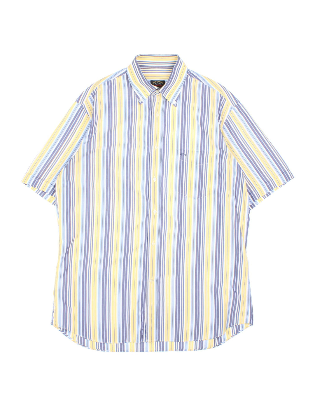 Paul & Shark Short Sleev Shirt in a yellow, blue and whitem striped colourway, button up and has a chest pocket with the logo embroidered on the front.